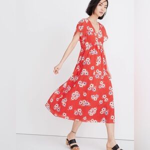 Madewell Scalloped Flutter-Sleeve Midi Dress, Red Floral print, Size 10